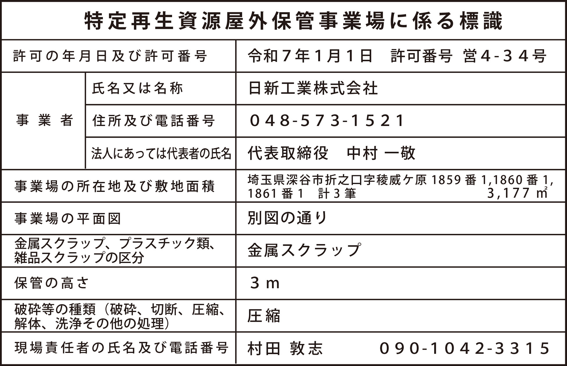 特定再生資源屋外保管事業場に係る標識